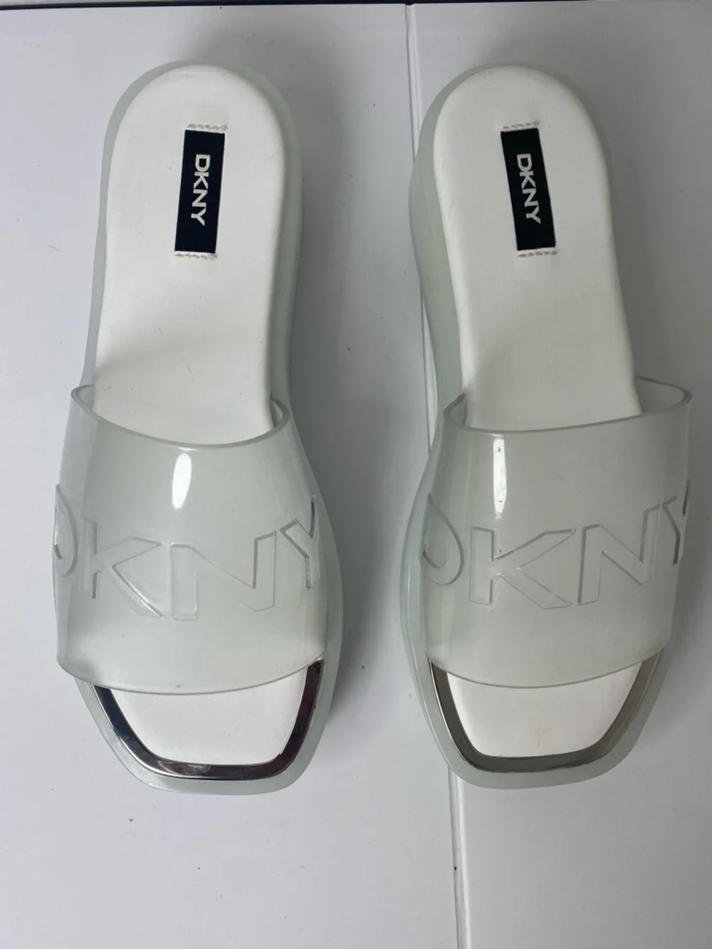 DKNY New White Clear Platform Slide Sandals